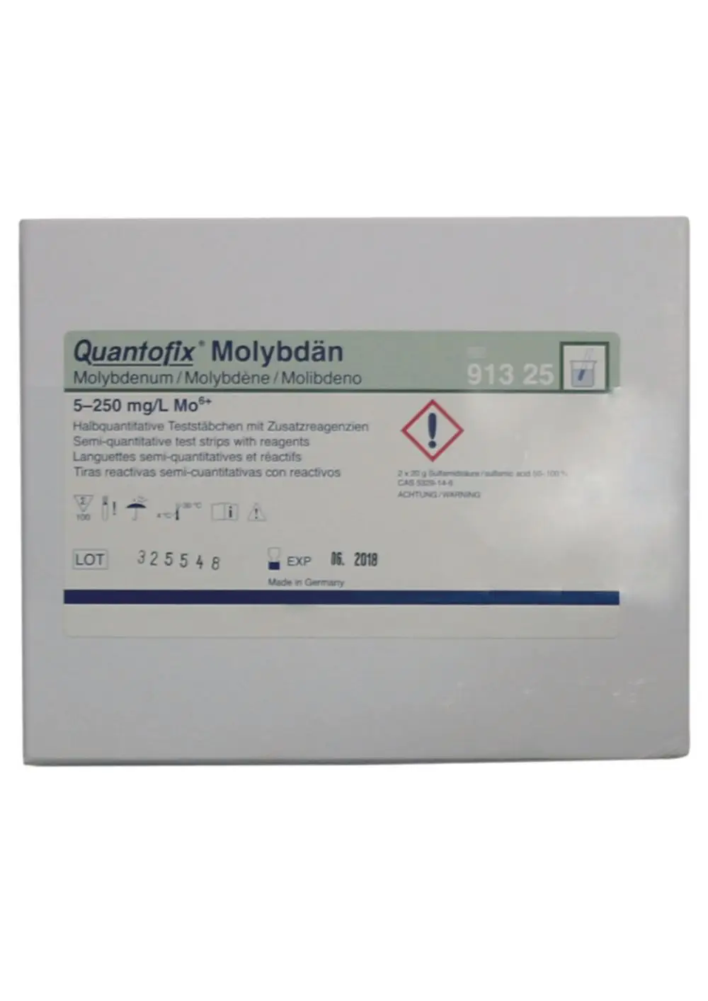 Judo Farbvergleichsmessbesteck für die Bestimmung von Molybdängehalten in Flüssigkeiten, Verpackung mit Sicherheits- und Hinweisinformationen.
